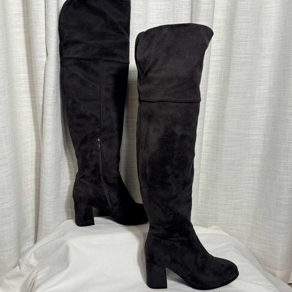 Dream Pairs Over The Knee Thigh High Sz 7‎ Gray Faux Suede Block Heel Side Zip